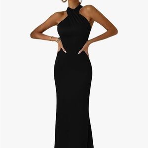 Black Sleeveless Halter Sheath Maxi Dress